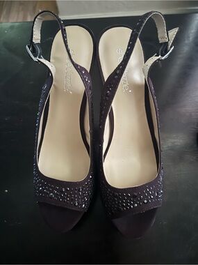 Shoe Dazzle Black Slingback Peep-Toe Heels with Rhinestones